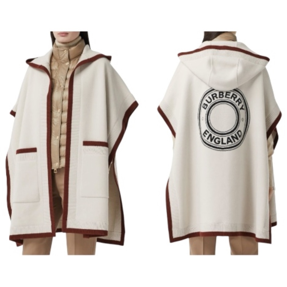 Authentic Burberry Carla Logo Hooded Wool Blend Cape | One Size